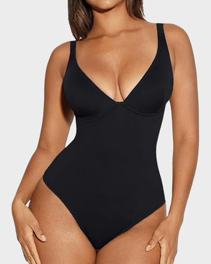 V Neck Tummy Control Thong Bodysuit Shapewear - Volutto