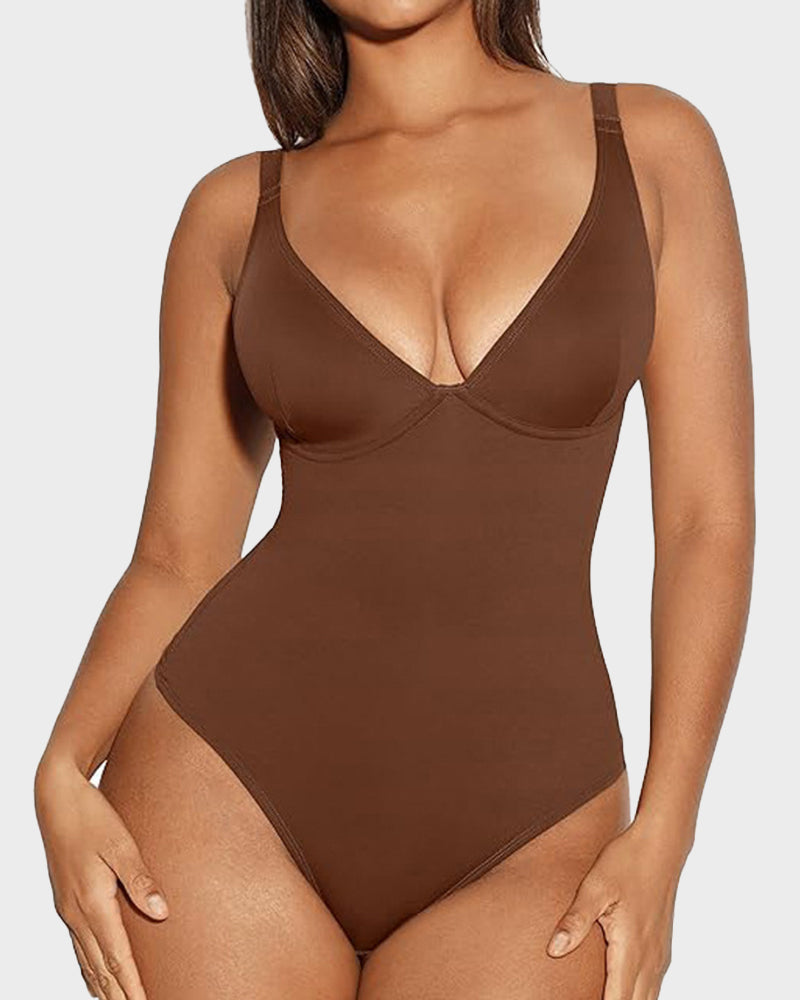 V Neck Tummy Control Thong Bodysuit Shapewear - Volutto