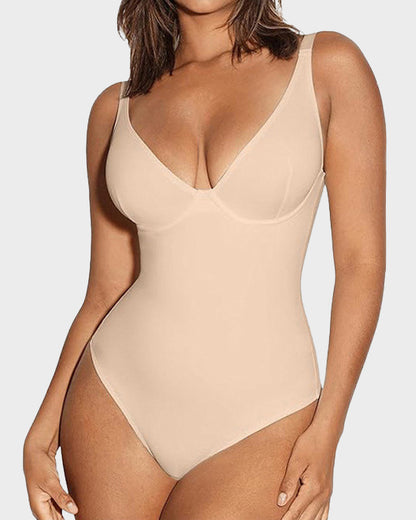 V Neck Tummy Control Thong Bodysuit Shapewear - Volutto
